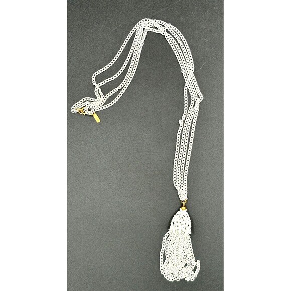 Vintage Monet‎ White Enamel over Metal Chain Necklace with Tassel Signed 24in - Picture 9 of 13